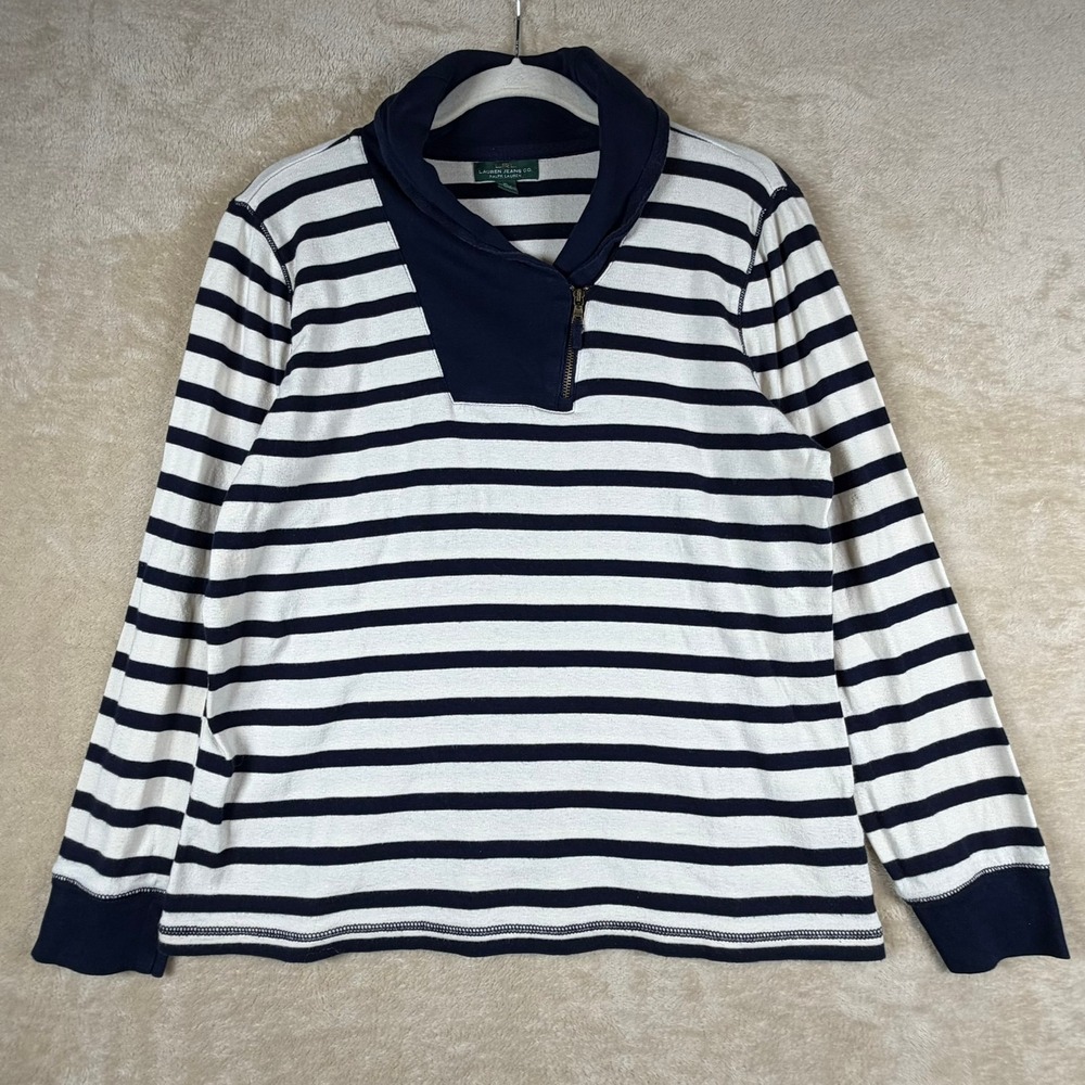 Lauren Jeans Co Ralph Lauren Womens Blue White Striped Zip Mock Neck Sweater‎ XL